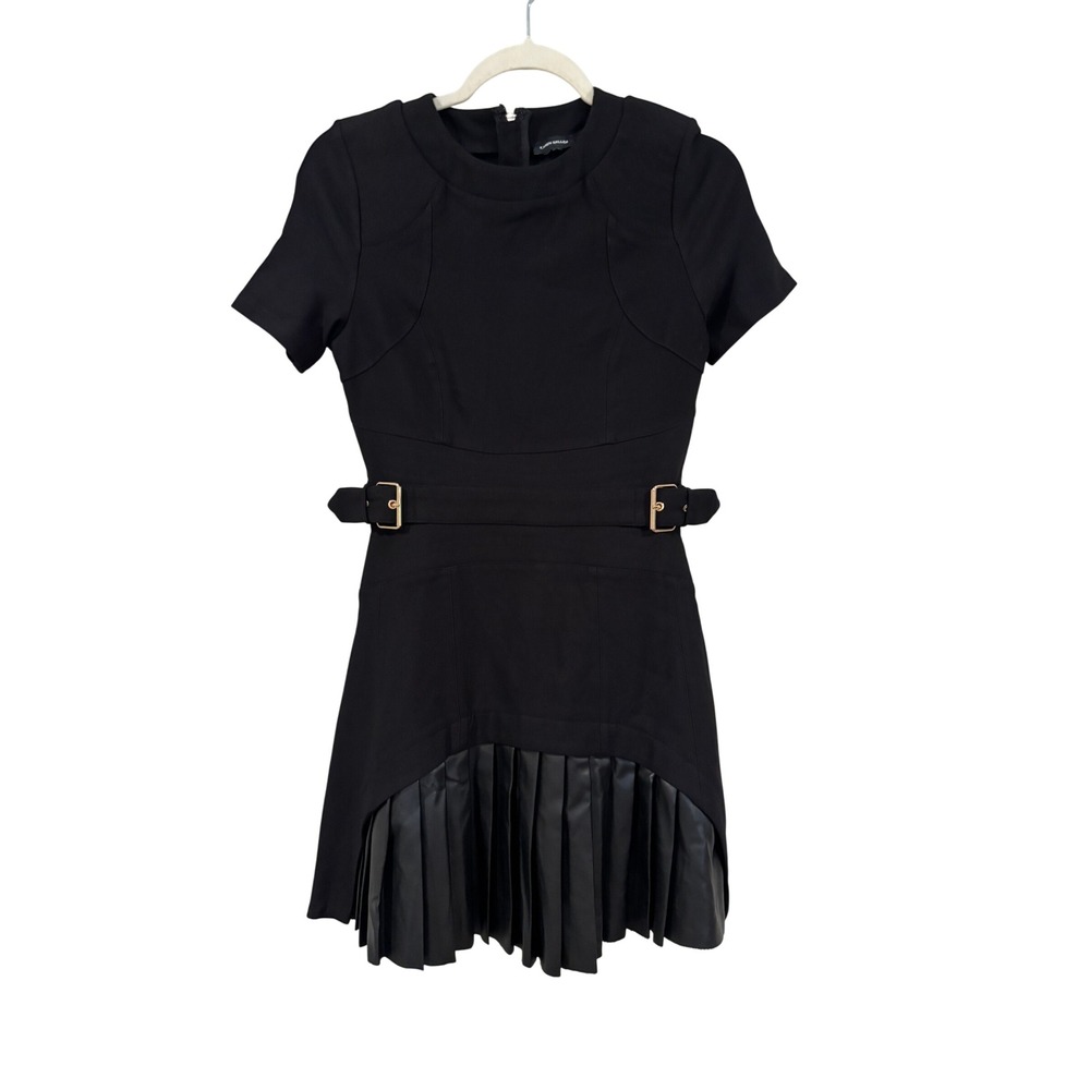 Karen Millen PU Ponte Pleat Detail Mini Dress Black Buckle Waist Shrt Sleeve LBD